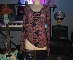 William Rast Pink and Black Lace-Up Long Sleeve Top